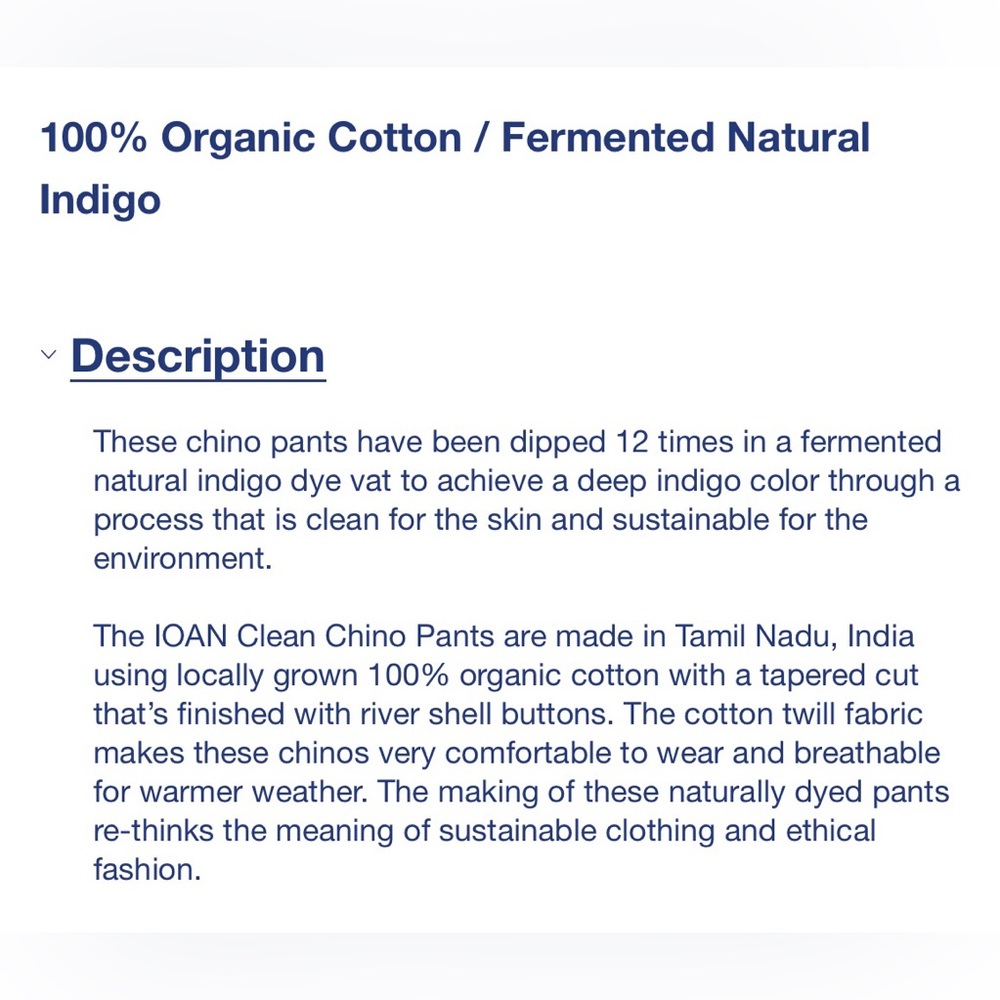 Industry of All Nations Indigo 100% Organic Chinos - Picture 4 of 7